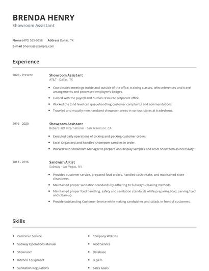 Showroom Assistant Resume