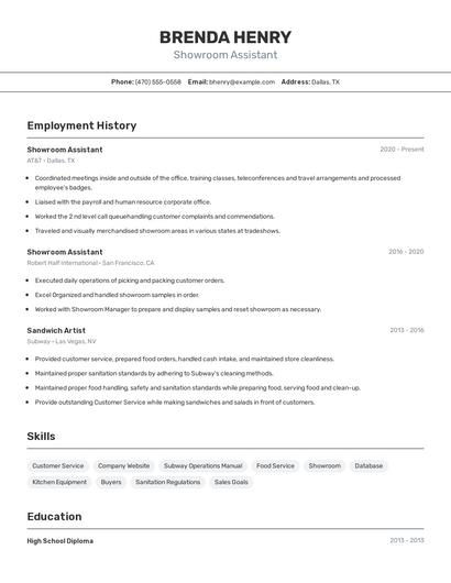 Showroom Assistant Resume