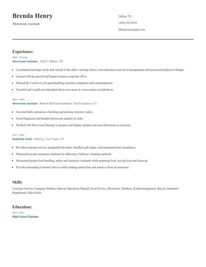 Showroom Assistant Resume