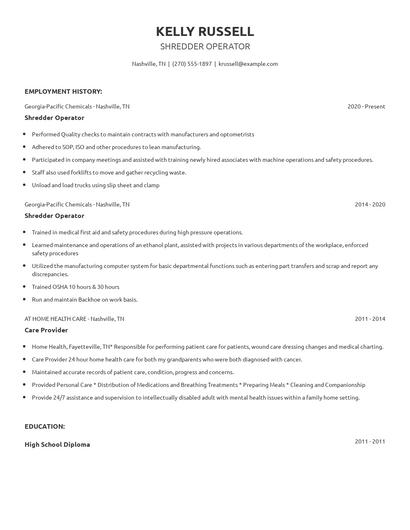 Shredder Operator Resume