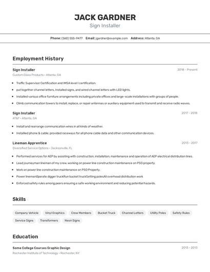 Sign Installer Resume