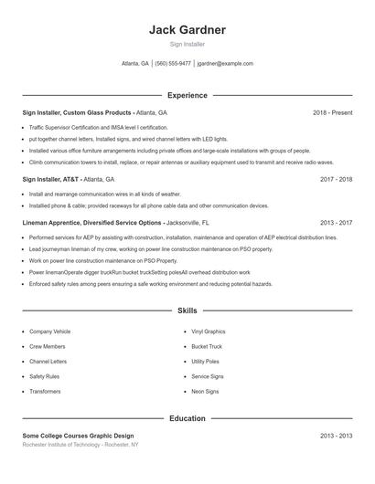 Sign Installer Resume