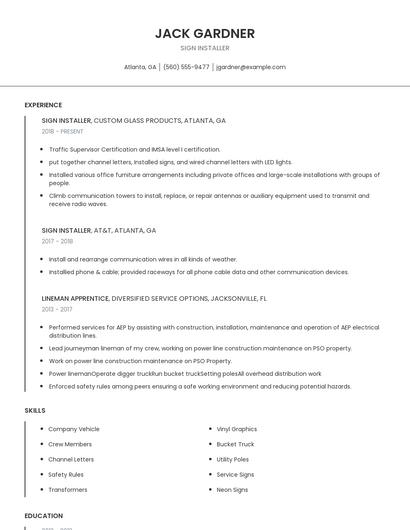 Sign Installer Resume