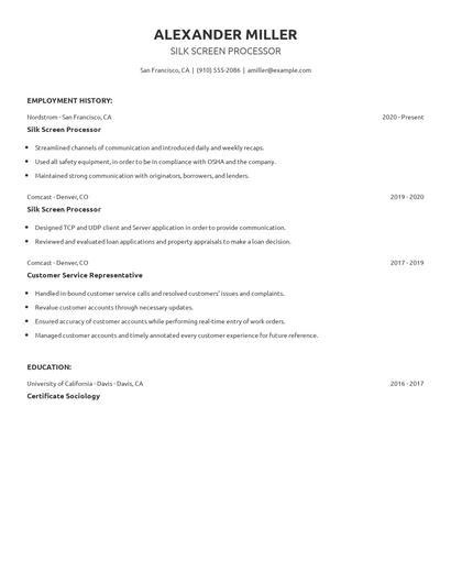 Silk Screen Processor Resume