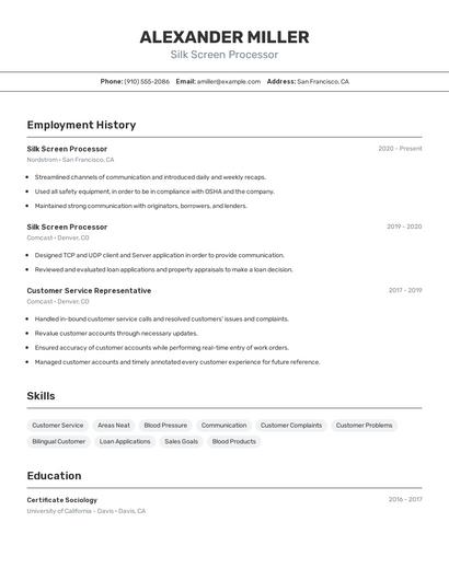 Silk Screen Processor Resume