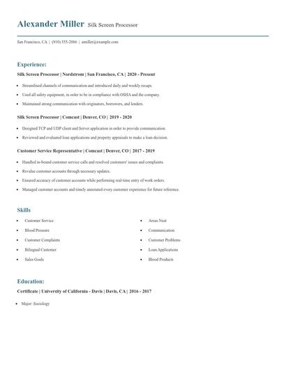 Silk Screen Processor Resume