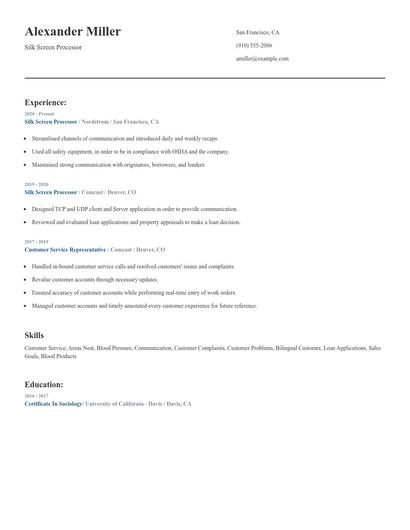 Silk Screen Processor Resume