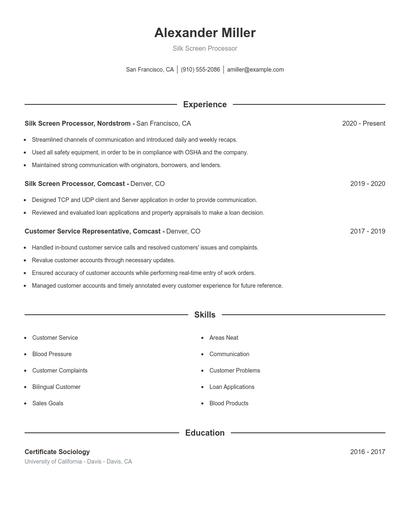 Silk Screen Processor Resume