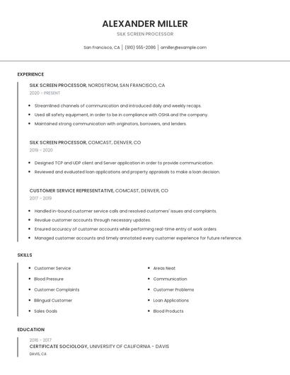 Silk Screen Processor Resume