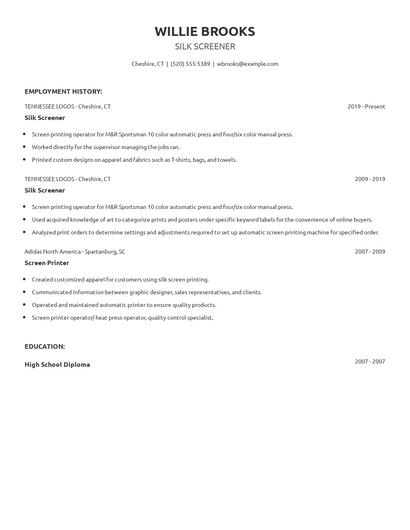 Silk Screener Resume
