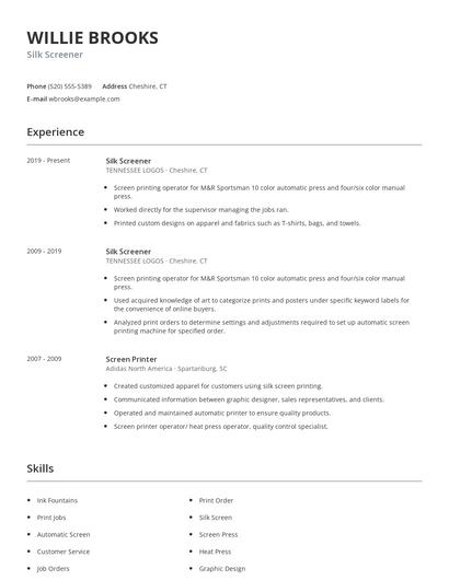Silk Screener Resume