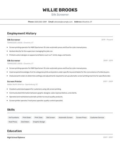 Silk Screener Resume