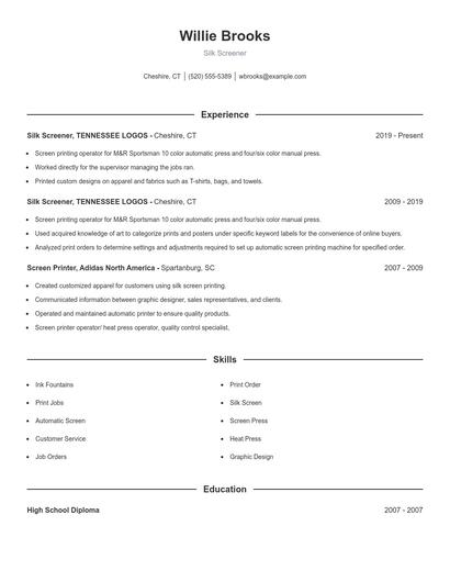 Silk Screener Resume