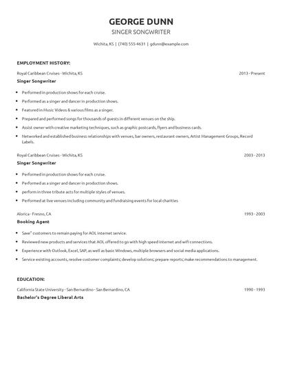 Singer Songwriter Resume