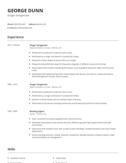 Singer Songwriter Resume