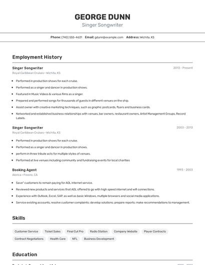 Singer Songwriter Resume