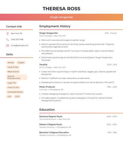 Singer Songwriter Resume