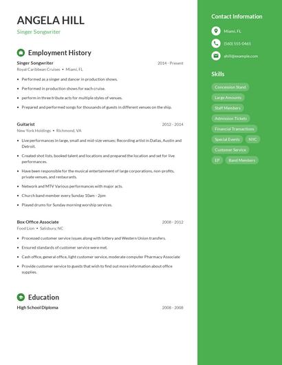 Singer Songwriter Resume