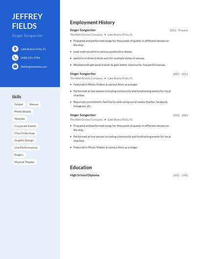 Singer Songwriter Resume