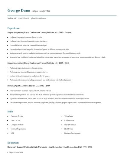 Singer Songwriter Resume