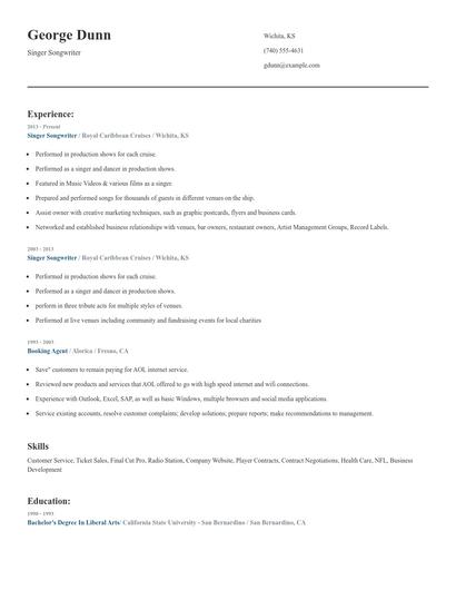 Singer Songwriter Resume