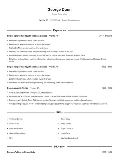 Singer Songwriter Resume