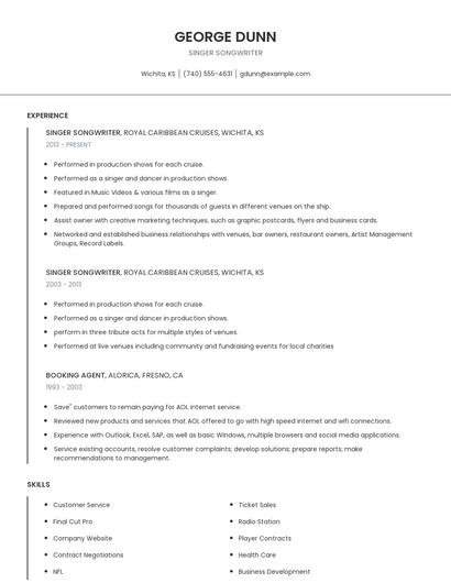 Singer Songwriter Resume