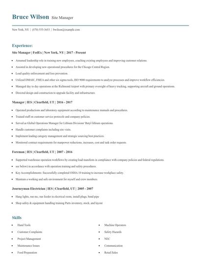 Site Manager Resume