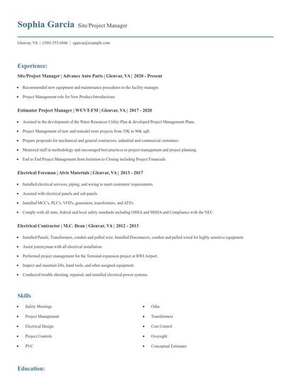 Site/Project Manager Resume