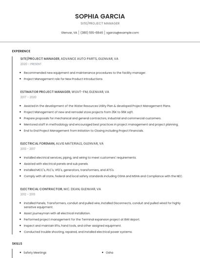 Site/Project Manager Resume