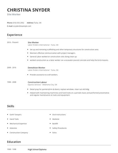 Site Worker Resume