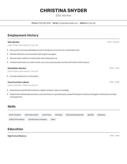 Site Worker Resume
