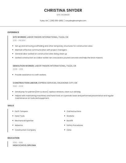 Site Worker Resume