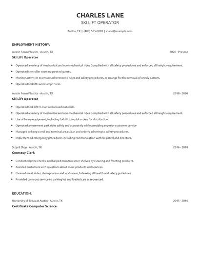 Ski Lift Operator Resume