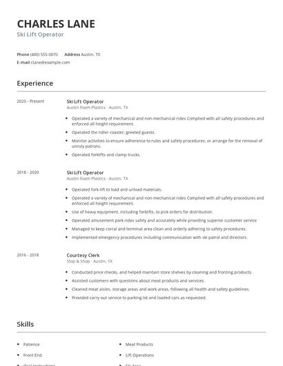 Ski Lift Operator Resume