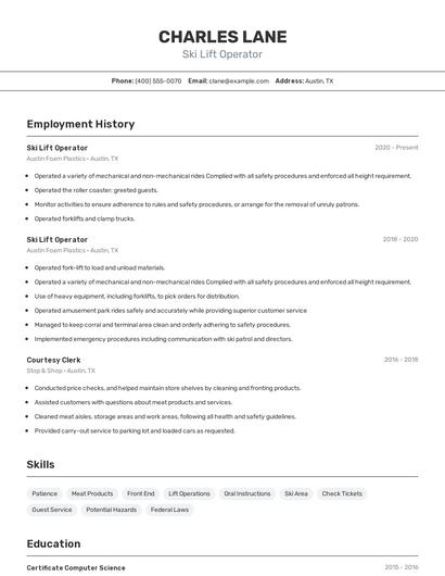 Ski Lift Operator Resume