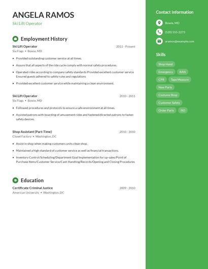 Ski Lift Operator Resume