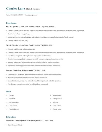 Ski Lift Operator Resume