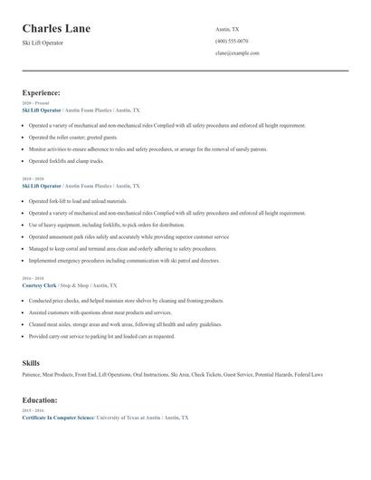 Ski Lift Operator Resume