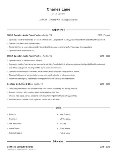 Ski Lift Operator Resume