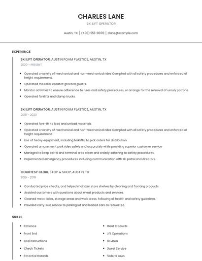 Ski Lift Operator Resume
