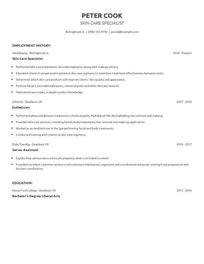 Skin Care Specialist Resume