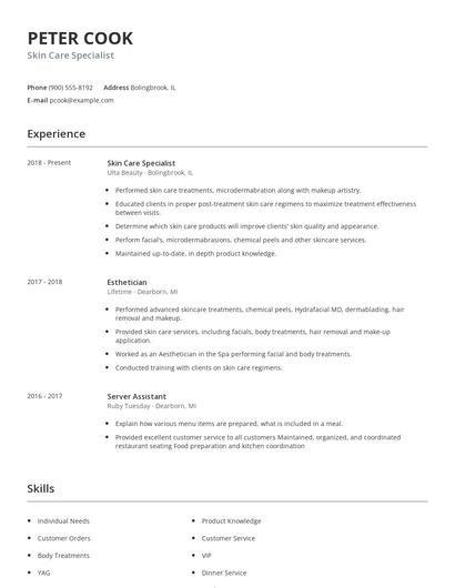 Skin Care Specialist Resume