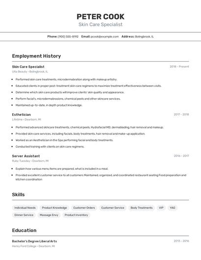 Skin Care Specialist Resume