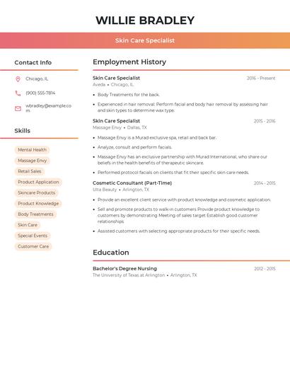 Skin Care Specialist Resume
