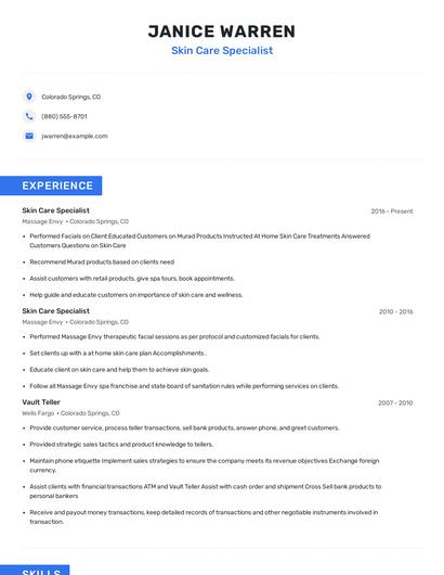 Skin Care Specialist Resume