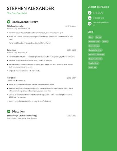 Skin Care Specialist Resume