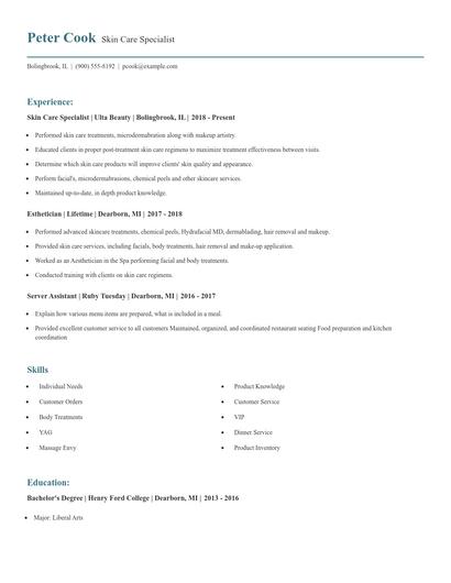 Skin Care Specialist Resume