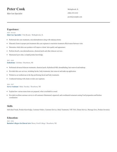 Skin Care Specialist Resume