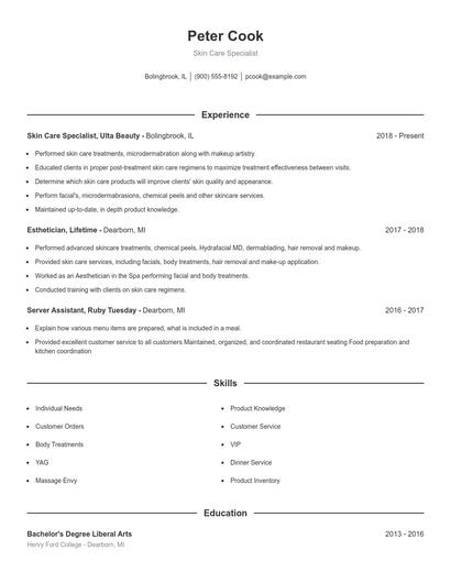 Skin Care Specialist Resume